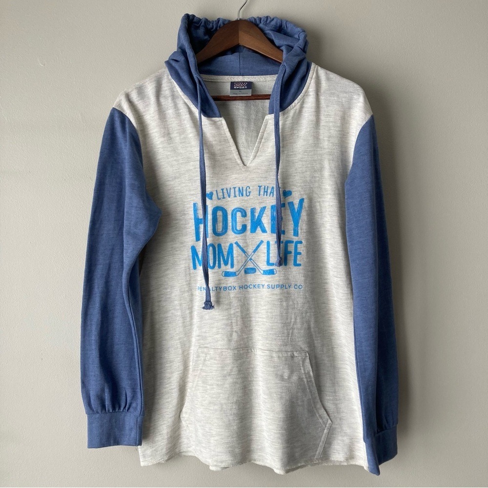 MV Sport Living That Hockey Mom Life Hoodie XL Gray Blue V-Neck Sweatshirt